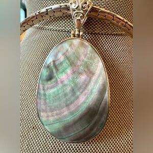 Abalone Shell Pendant Encased In 925 Silver - Iridescent Green & Pink 2 1/2”
